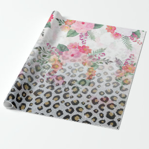 Papel De Presente Silver Gold Black Leopard Print Pink Flowers