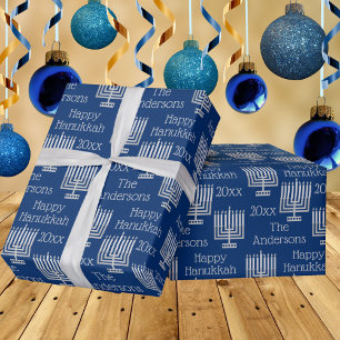 Papel De Presente Silver Menorah Blue Chic Hanukkah Personalizado