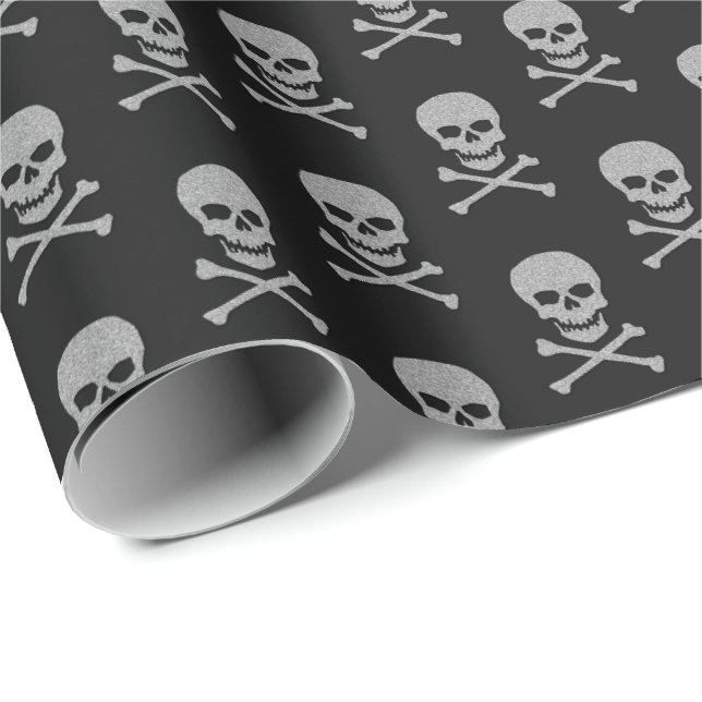 Papel De Presente Silver Skull e Crossbones Halloween (Ponta do rolo)