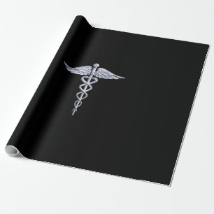 Papel De Presente Símbolo Médico de Caduceus em Decor Preto
