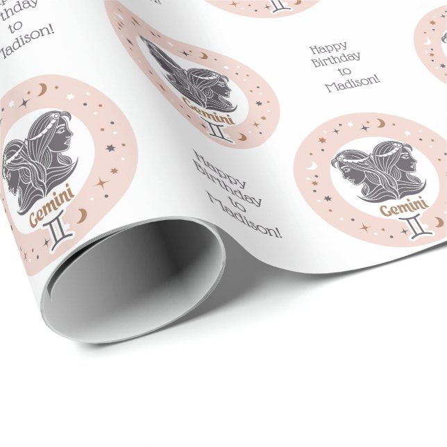 Papel De Presente Símbolo Zodiac de Texto Personalizado Gemini (Ponta do rolo)