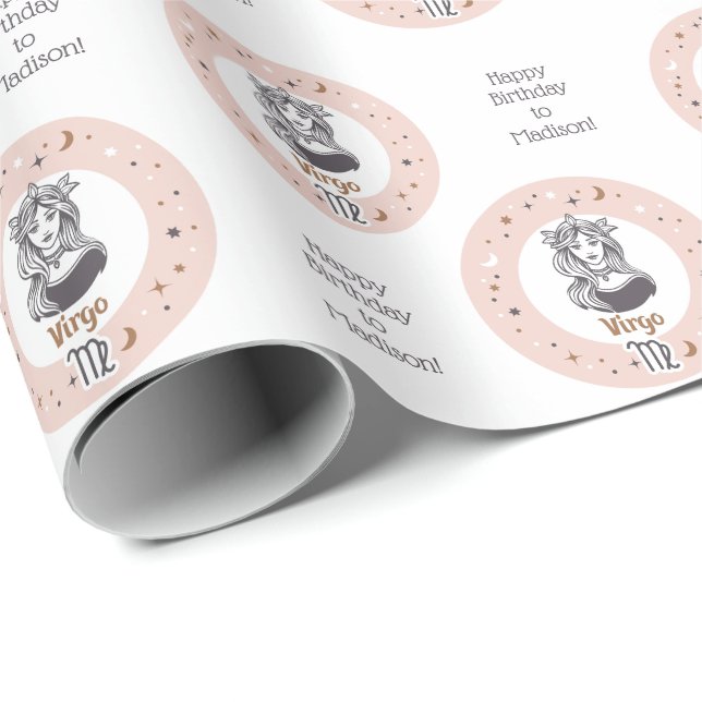Papel De Presente Símbolo Zodiac de Texto Personalizado Virgo (Ponta do rolo)