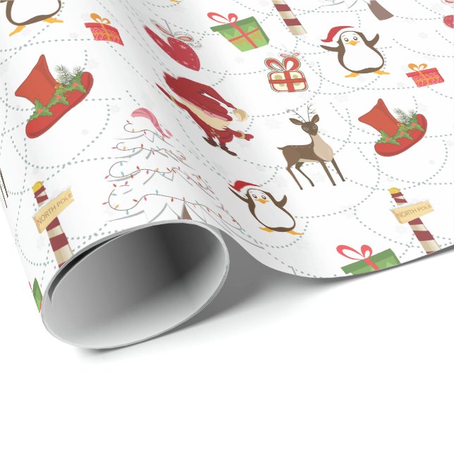 Papel De Presente Símbolos de Natal Coloridos Fundo Branco (Ponta do rolo)