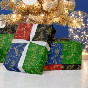 Papel De Presente Símbolos de Natal em ouro sobre um fundo geométric