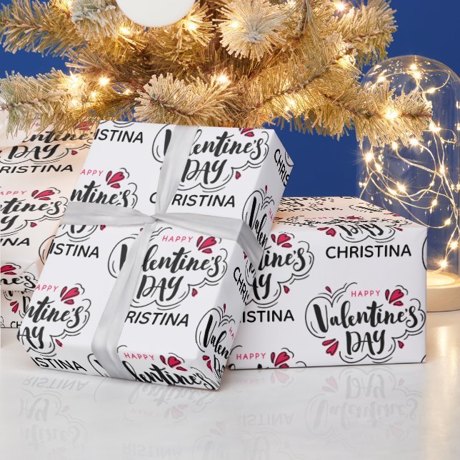 Papel De Presente Simple Red and White Happy Valentines Day Name  (Feriados)