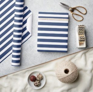 Papel De Presente Simples Azul Marinho Moderno Listrado Branco Minim