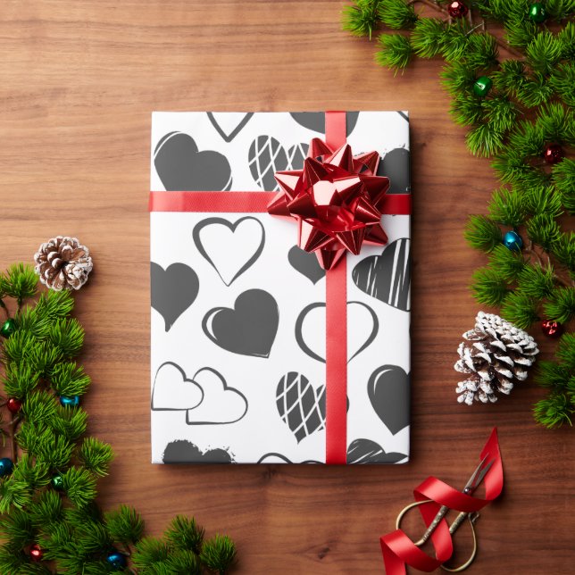 Papel De Presente Simples Black and White Hearts Patterno Natal (Presente de Natal)