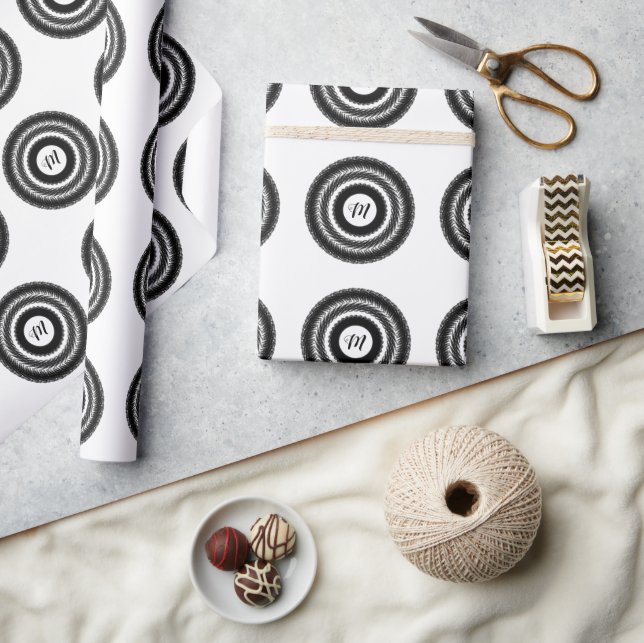 Papel De Presente simples e personalizado BLACK mandala monograma ad (Artesanato)