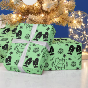 Papel De Presente Simples Feliz Verde de Natal e Mittens Brilhantes