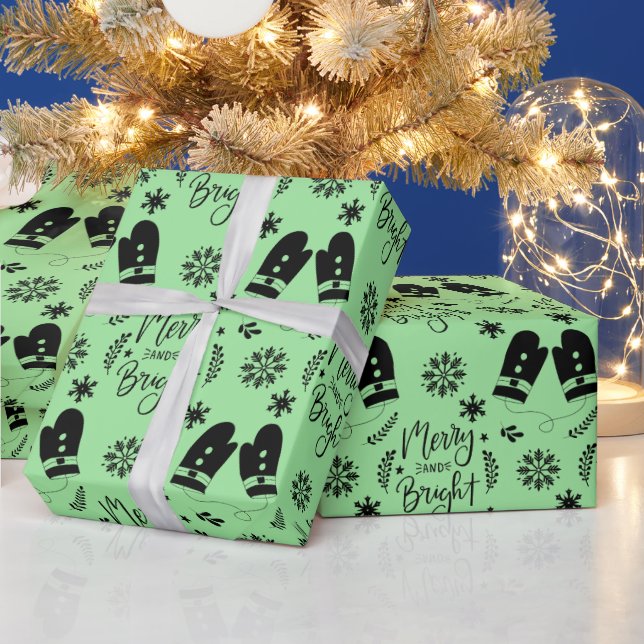 Papel De Presente Simples Feliz Verde de Natal e Mittens Brilhantes (Feriados)