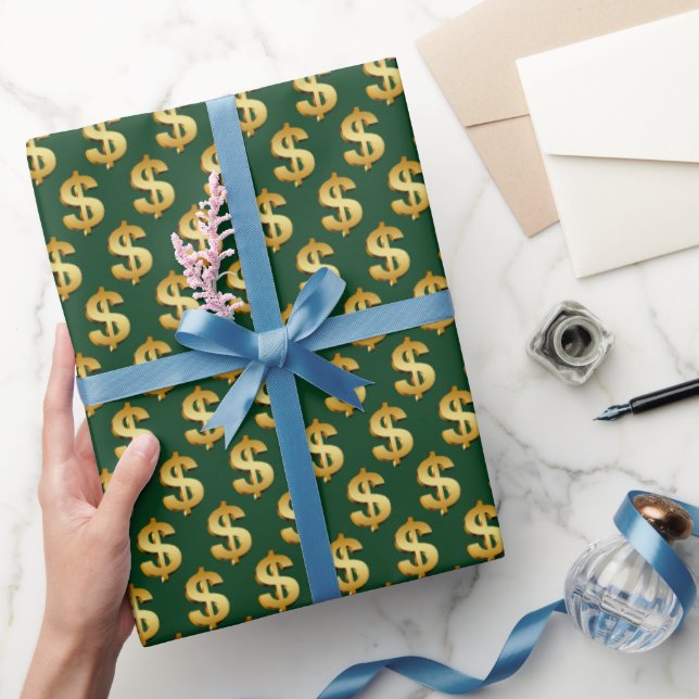 Papel De Presente Sinais Dourados de Dólar em Verde (Presentear)