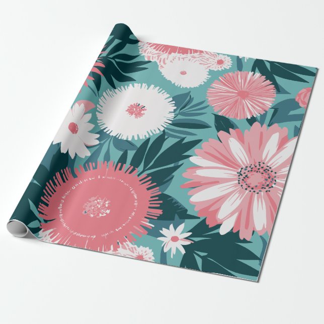 Papel De Presente Sinfonia Floral branca e rosa vibrante (Desenrolado)