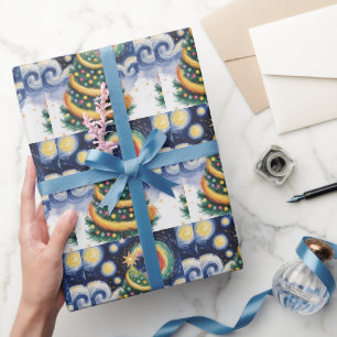 Papel De Presente Sino de Natal fofo em Arte de Linha