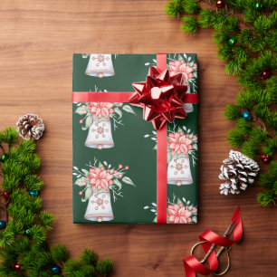 Papel De Presente Sino de Natal pastel com poinsettia