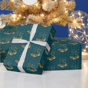 Papel De Presente Sinos de Natal Dourados e Teais Azuis