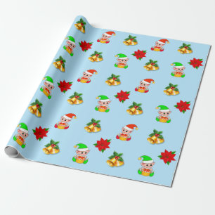 Papel De Presente Sinos de Natal, poinsettia e enfeite de elfo fofo