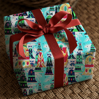 Papel De Presente Sinos de Natal Retro Festivo Aqua