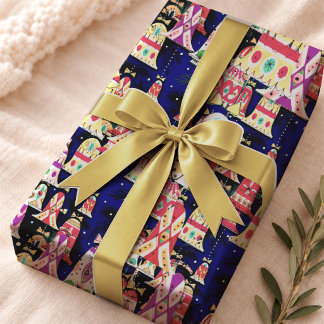 Papel De Presente Sinos de Natal Vintage Navy Festivo Retro