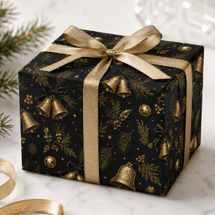 Papel De Presente Sinos de Natal Vintage Preto Dourado & Azevinho