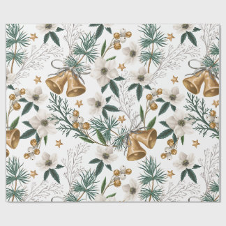 Papel De Presente Sinos Dourados Elegantes e Padrão Floral Branco de