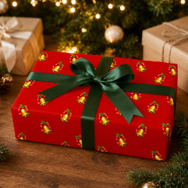 Papel De Presente Sinos Dourados Vermelhos e Natal de Azevinho