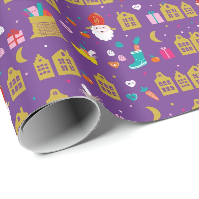 Papel De Presente Sinterklaas conheceu huisjes, zak kadootjes en sno (Ponta do rolo)