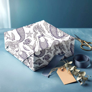 Papel De Presente Sirenito Azul Vintage e Padrão de Vida Marinha