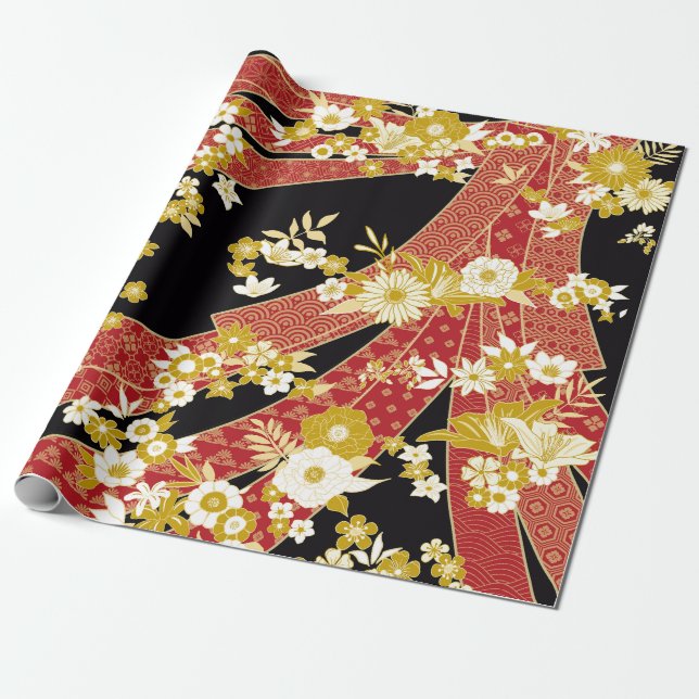 Papel De Presente Sistema Floral Mix Kimono (Desenrolado)