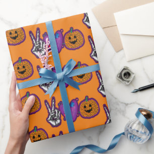 Papel De Presente Skeleton Pumpkin Peace Love Halloween