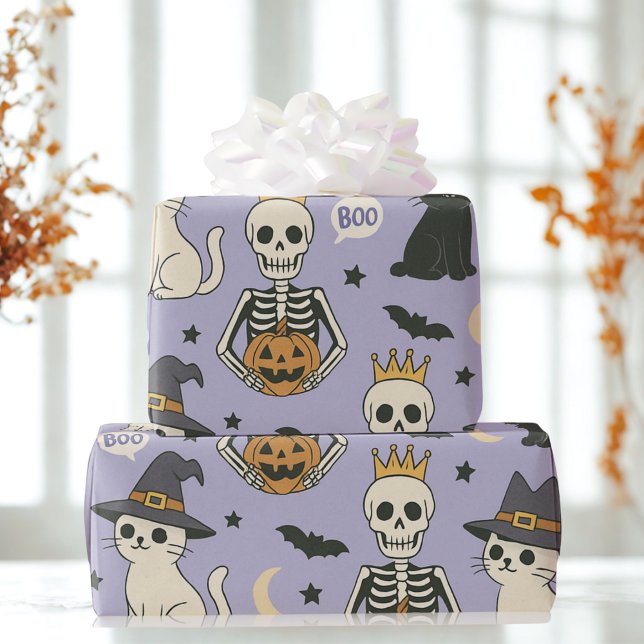 Papel De Presente Skeletons de Halloween Roxos, Chapéus de Bruxas e  (Criador carregado)