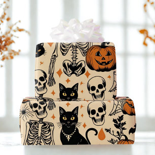Papel De Presente Skeletons do Dia das Bruxas, Gatos Pretos e Abóbor
