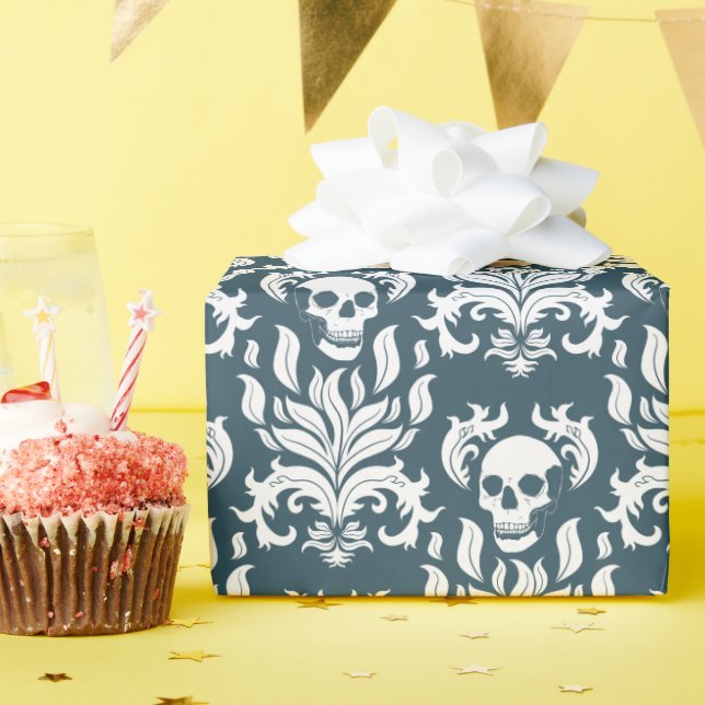 Papel De Presente Skull Flame Damask em branco nítido em azul-estilh (Festa de aniversário)