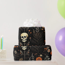 Papel De Presente Skulls Flowers e Greenery Black Halloween