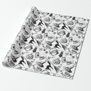 Papel De Presente Skulls Pumpkins Broomsticks Bats Halloween