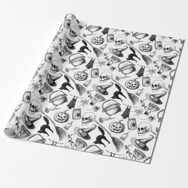 Papel De Presente Skulls Pumpkins Broomsticks Bats Halloween (Desenrolado)