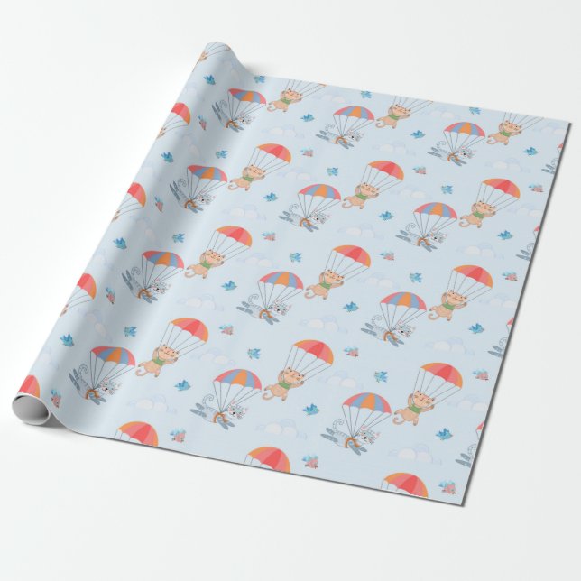 Papel De Presente Skydiver Cat Seamless Patterno (Desenrolado)