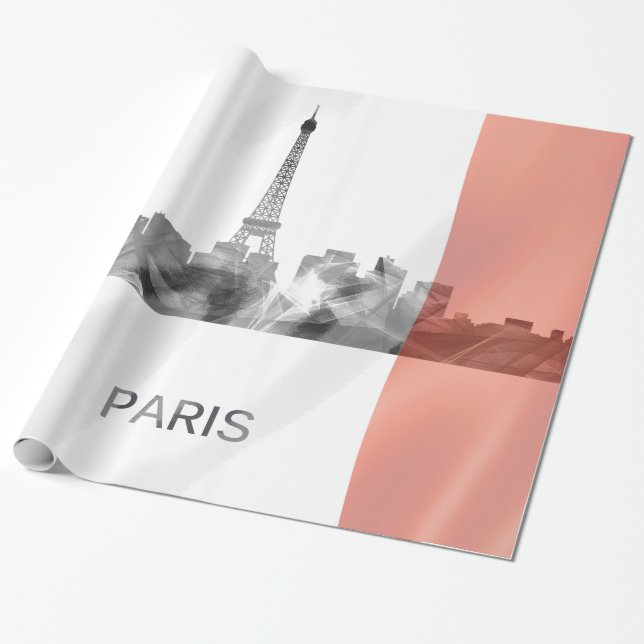 Papel De Presente Skyline de Paris, France com bandeira francesa (Desenrolado)