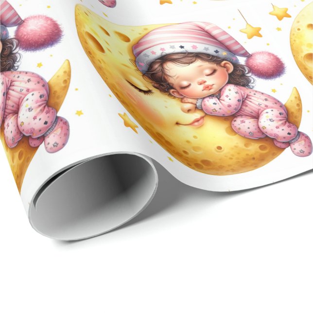 Papel De Presente Sleeping With The Moon Baby Shower Newborn Girl (Ponta do rolo)