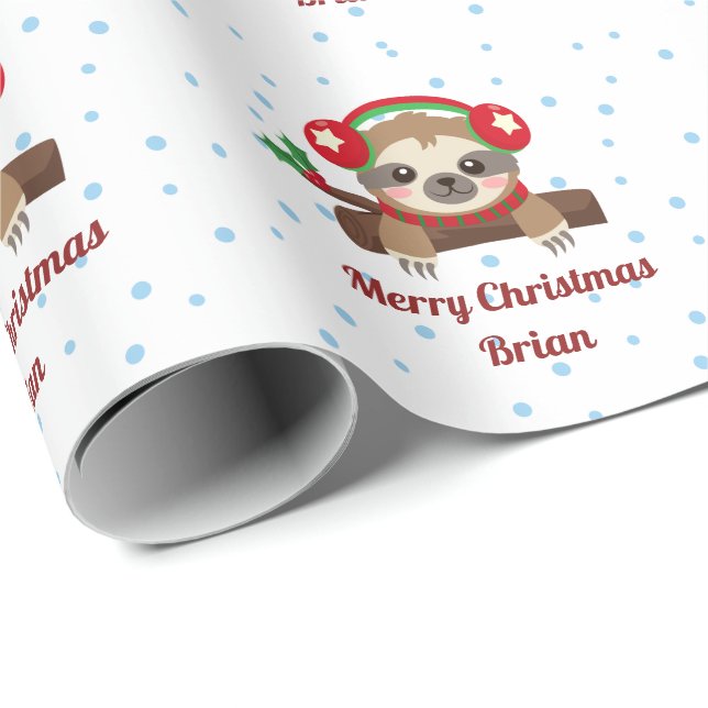 Papel De Presente Sloth Personalizado Nome de Natal Feliz (Ponta do rolo)