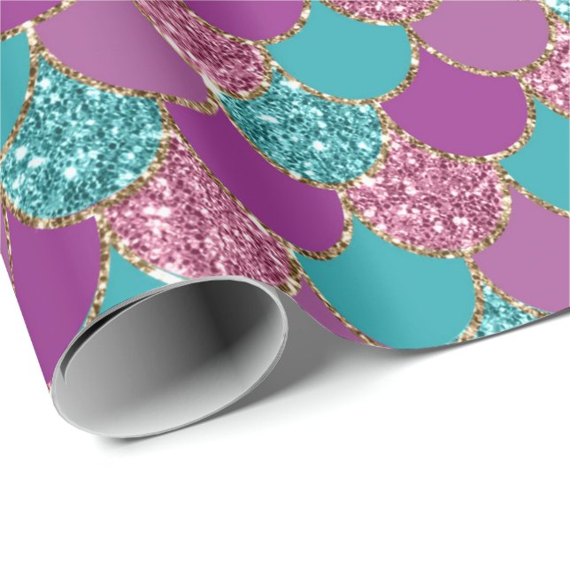 Papel De Presente Smermaid Scales Glitter Violet Fuchsia Teal Rosa (Ponta do rolo)