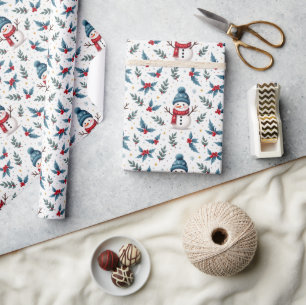 Papel De Presente Snowman animado e padrão de folhagem de inverno