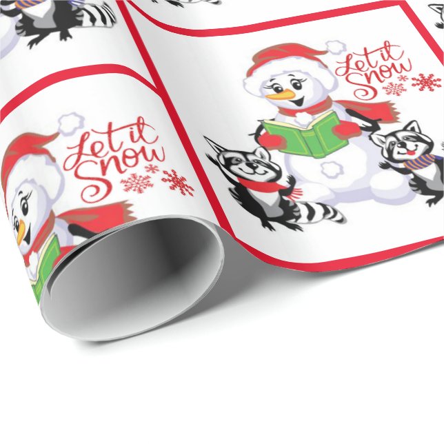 Papel De Presente Snowman com guaxinins Deixe nevar Natal (Ponta do rolo)