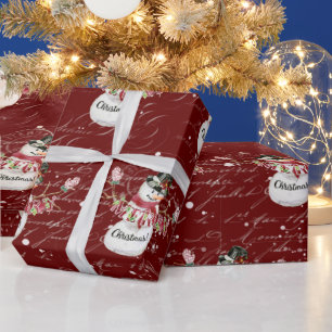 Papel De Presente Snowman Cute Watercolor Feliz Script de Natal Verm