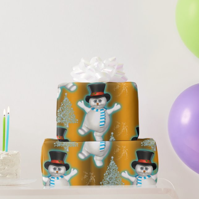 Papel De Presente Snowman dança no Dourado Natal (Criador carregado)