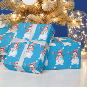 Papel De Presente Snowman de Natal com Pássaro em Aqua