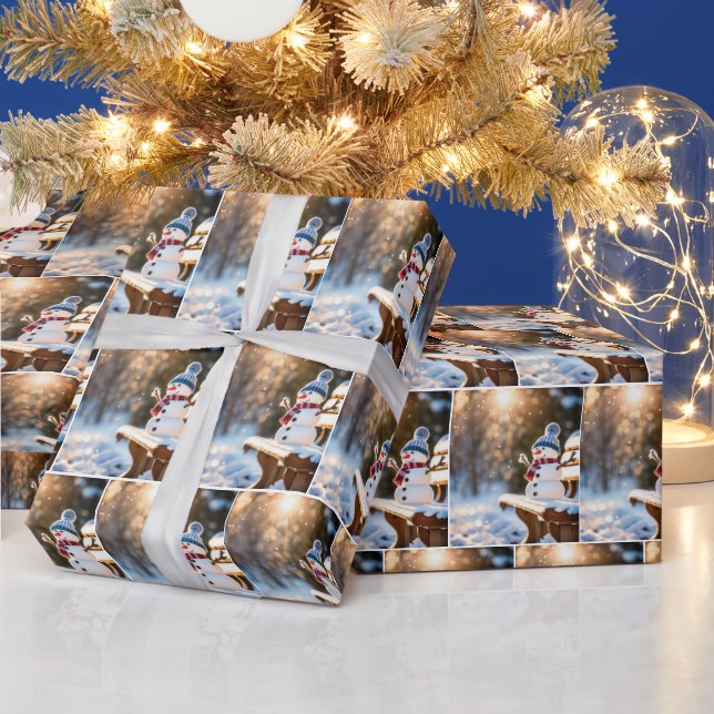 Papel De Presente Snowman de Natal num Bench Park (Feriados)