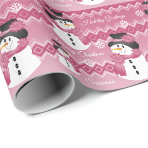 Papel De Presente Snowman, desenhado com padrão cor-de-rosa,