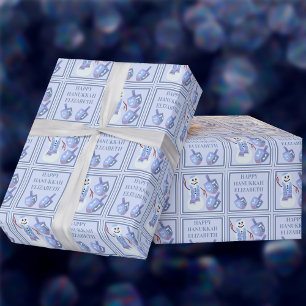 Papel De Presente Snowman Dreidels Fofo Nome Feliz Hanukkah