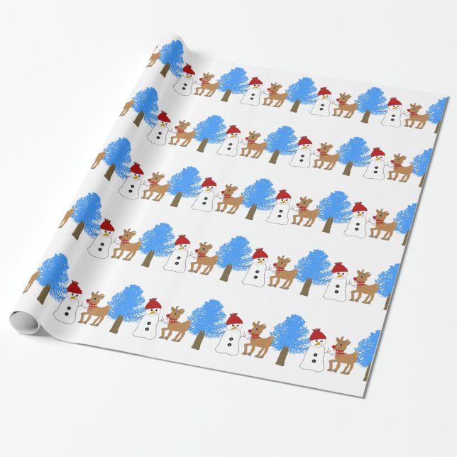 Papel De Presente Snowman e Reindeer na Floresta (Desenrolado)