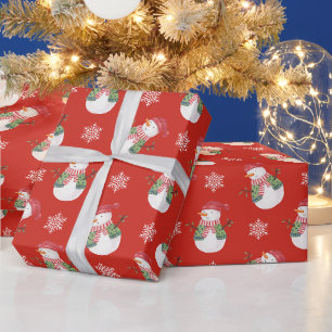Papel De Presente Snowman e Snowflakes Red de Natal